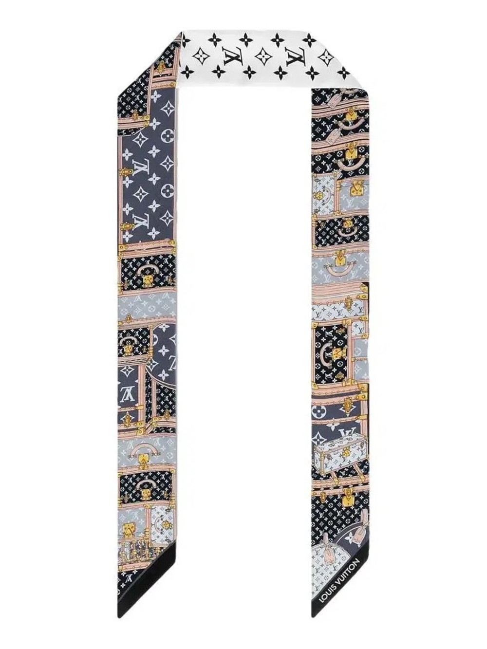 Louis Vuitton Monogram Trunk-Print Silk Twilly in Black, White & Gray